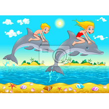 Детские фотообои "Мальчик и девочка на дельфинах"