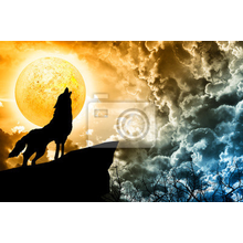 Фотообои на стену  - Волк и луна (арт графика)
