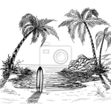 Арт-обои - Рисованный пляж с пальмами