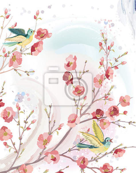 Фотообои с цветущей сакурой и птичками