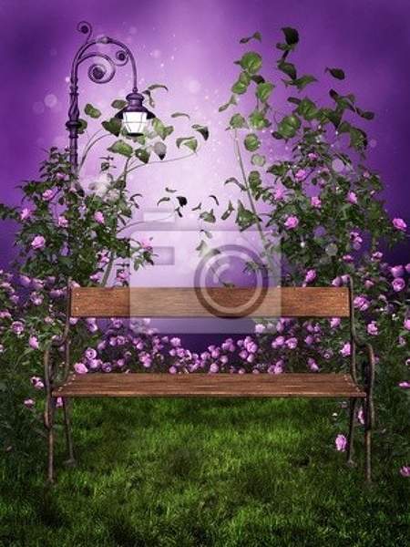 Фиолетовые фотообои со скамейкой