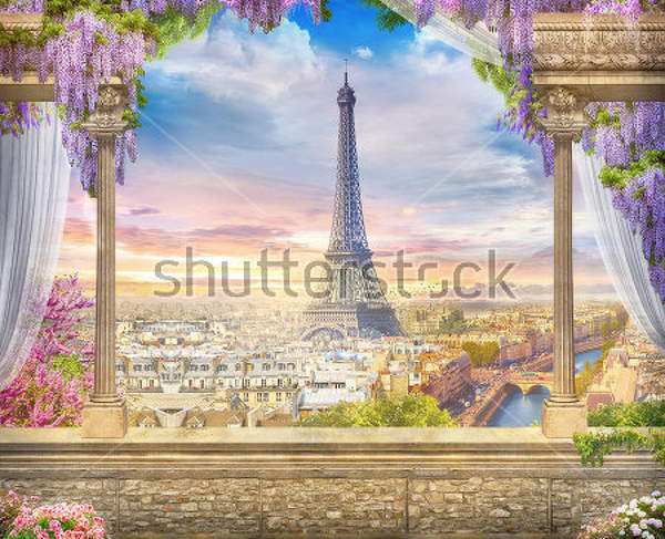 Прекрасный вид с террасы в Париж. Цифровая фреска.