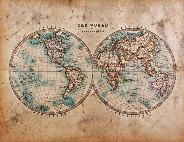 Фотообои - Старая карта мира с полушариями