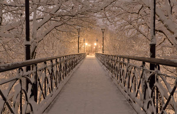 Фотообои - Ночной мост в снегу