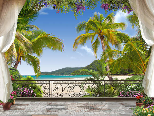 Обои на стену с верандой и видом на тропический пляж
