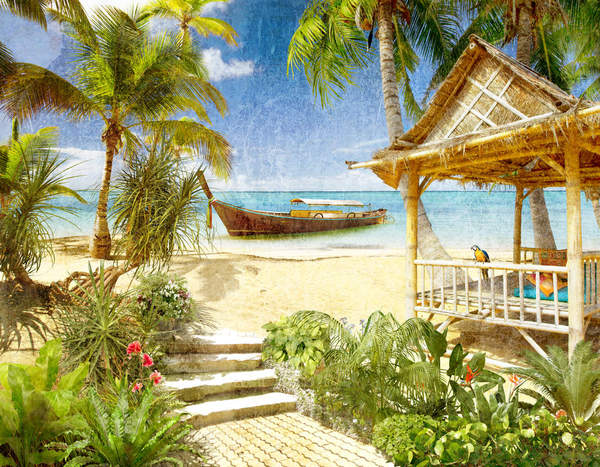 Фотообои с тропическим пейзажем (пальмы, пляж, лодка)