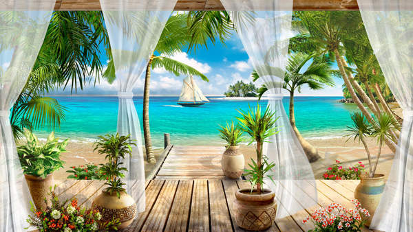 Фотообои с террасой и видом на тропический пляж