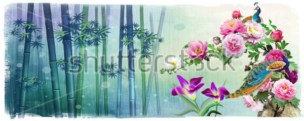 Фотообои на стену с бамбуком, цветами и павлинами