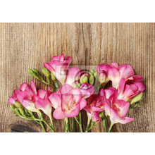 Фотообои с розовыми цветами на деревянном столе