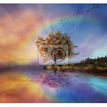 Фотообои - Пейзаж с радугой и деревом