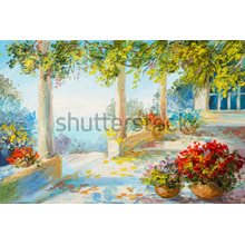 Фотообои: Картина маслом пейзаж - терраса возле моря, цветы