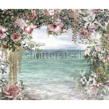 Фотообои с цветочной аркой и видом на море