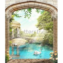 3Д Фотообои с аркой и видом на водоем