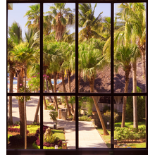 Фотообои с видом на тропический сад через окно