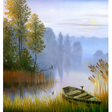 Арт-обои на стену "Лодка у реки" (пейзаж маслом)