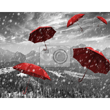 Фотообои с красными зонтиками и черно белым пейзажем