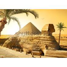 Фотообои с пальмами возле Сфинкса на фоне пирамиды в египетской пустыне
