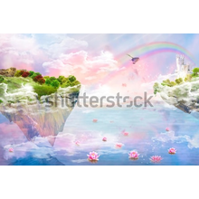 Фотообои на стену: Летающие острова с волшебным замком (фантастический сказочный пейзаж)