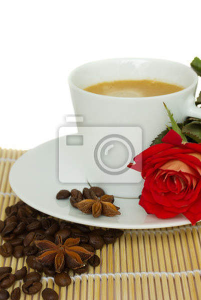 Фотообои на стену с чашкой кофе и розой артикул 10000694