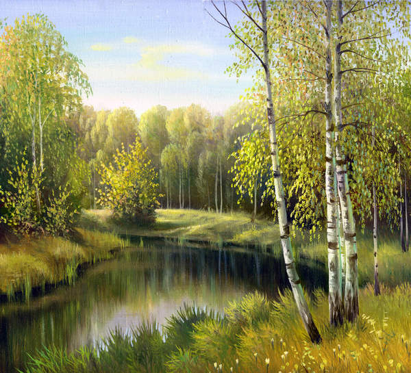 Лесной пейзаж "у реки" (живопись маслом) артикул 10019065